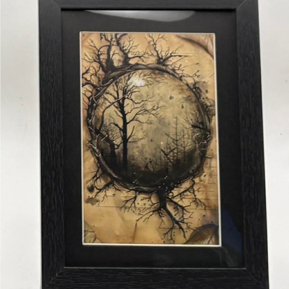🌑🌿 Mystical Forest Circle Art – Framed Wall Décor